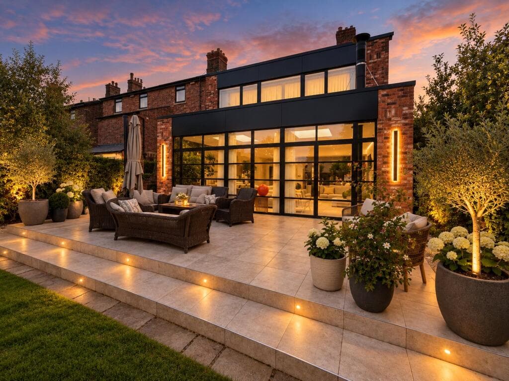 Full-height steel-look aluminium doors and screens in black framing on a red-brick home in Crosby at dusk
